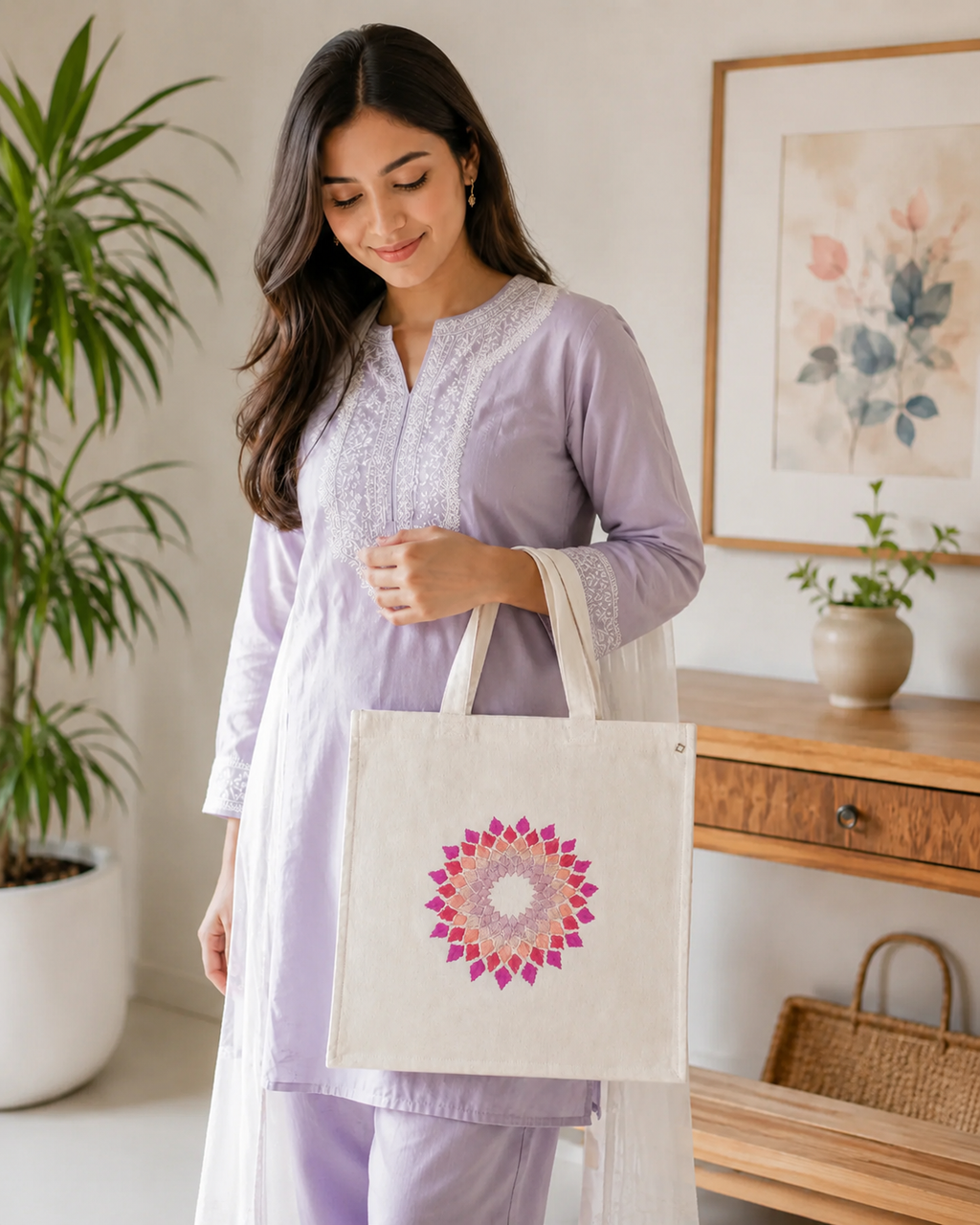 Embroidered Cotton Tote Bag Women