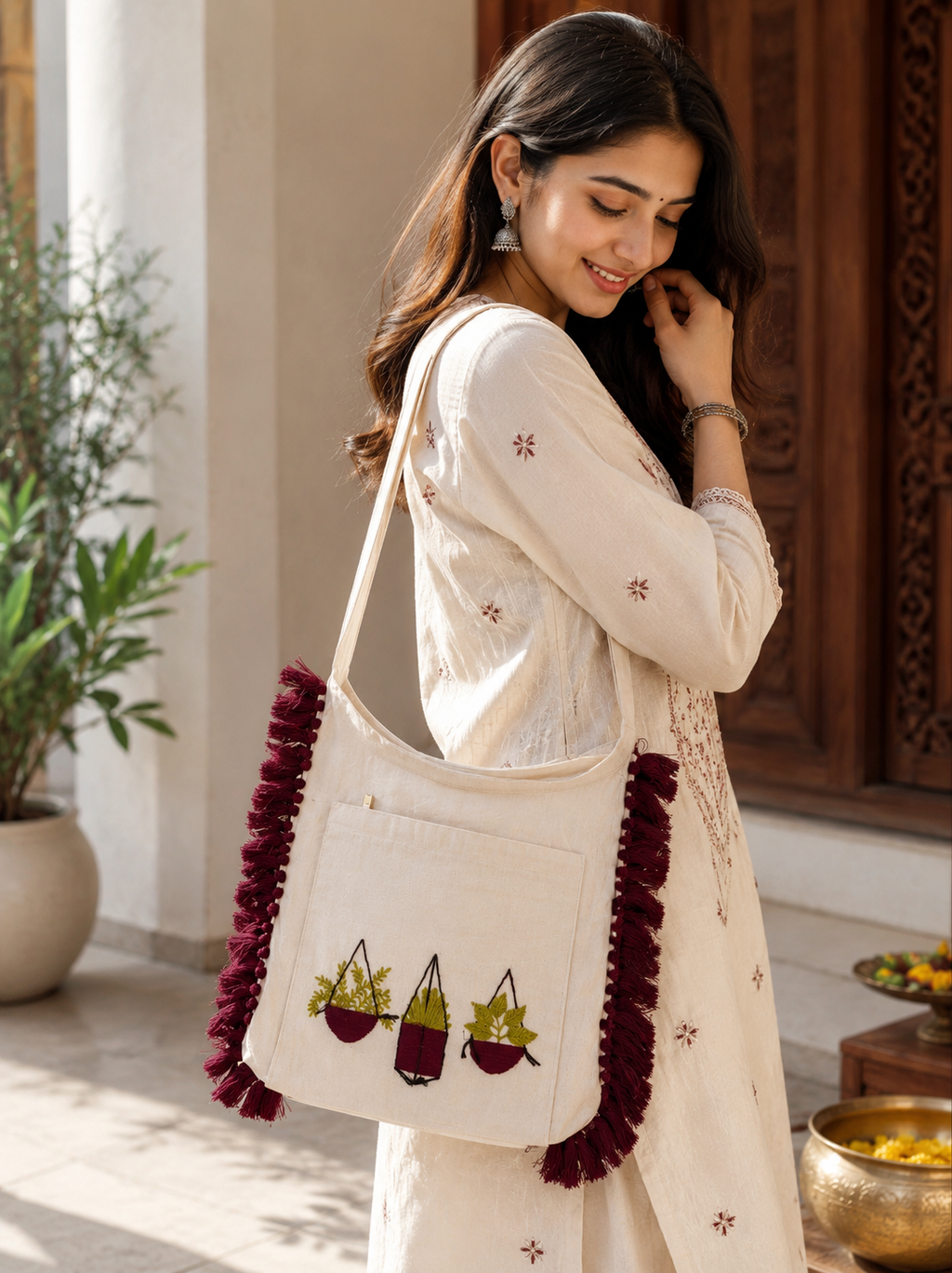Indian Embroidered Cotton Jhola Bag