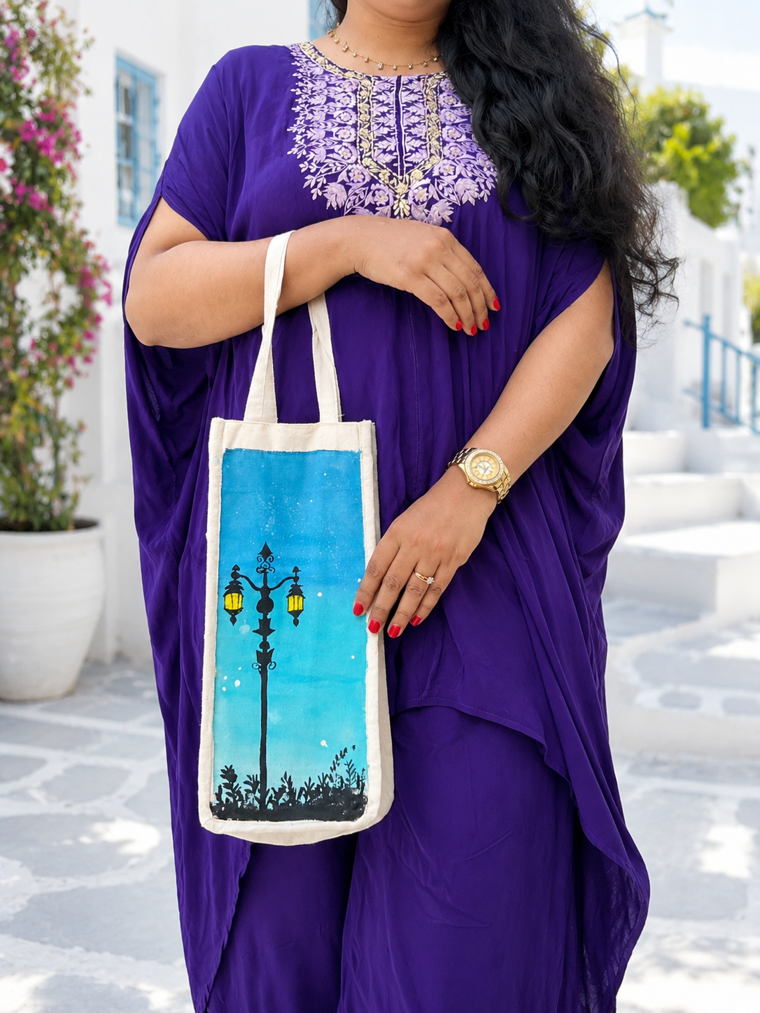 Painted Cotton Bottle Bag Working Women