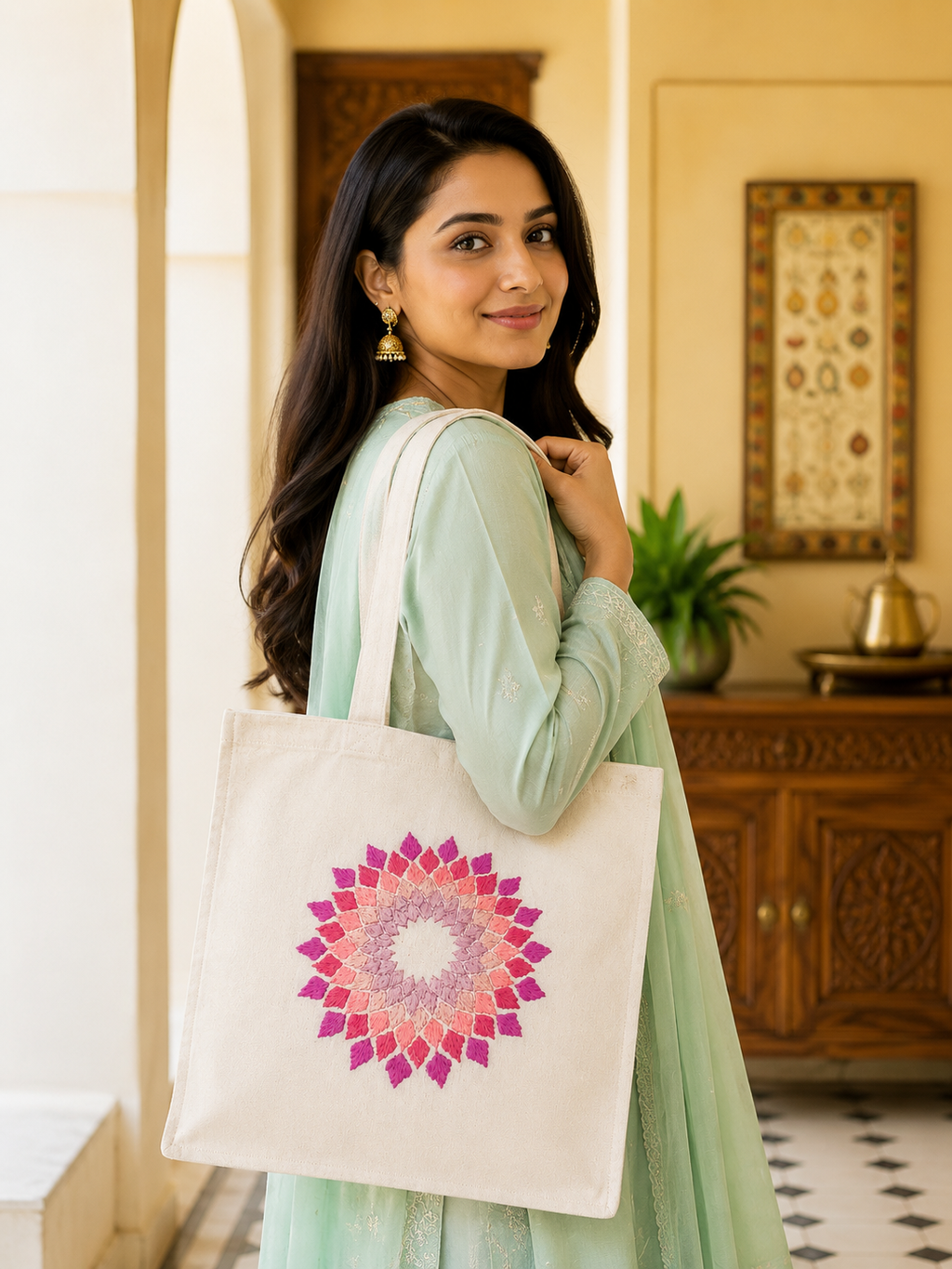 Embroidered Cotton Tote Bag Women
