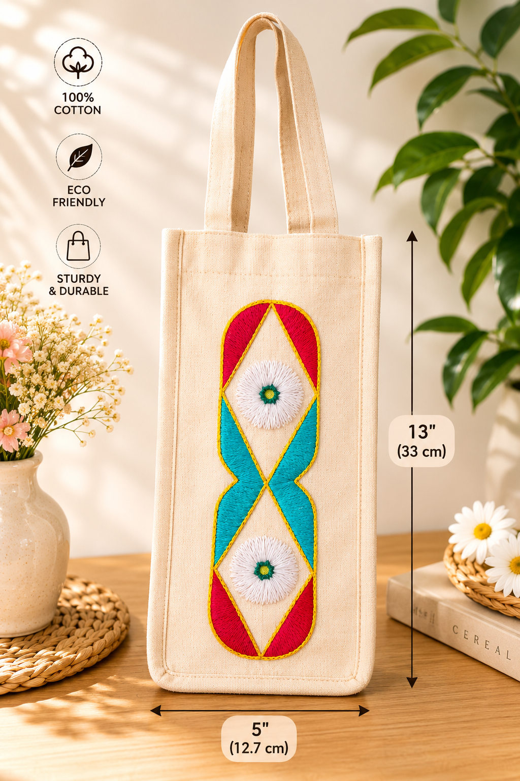 Floral Cotton Water Bottle Bag