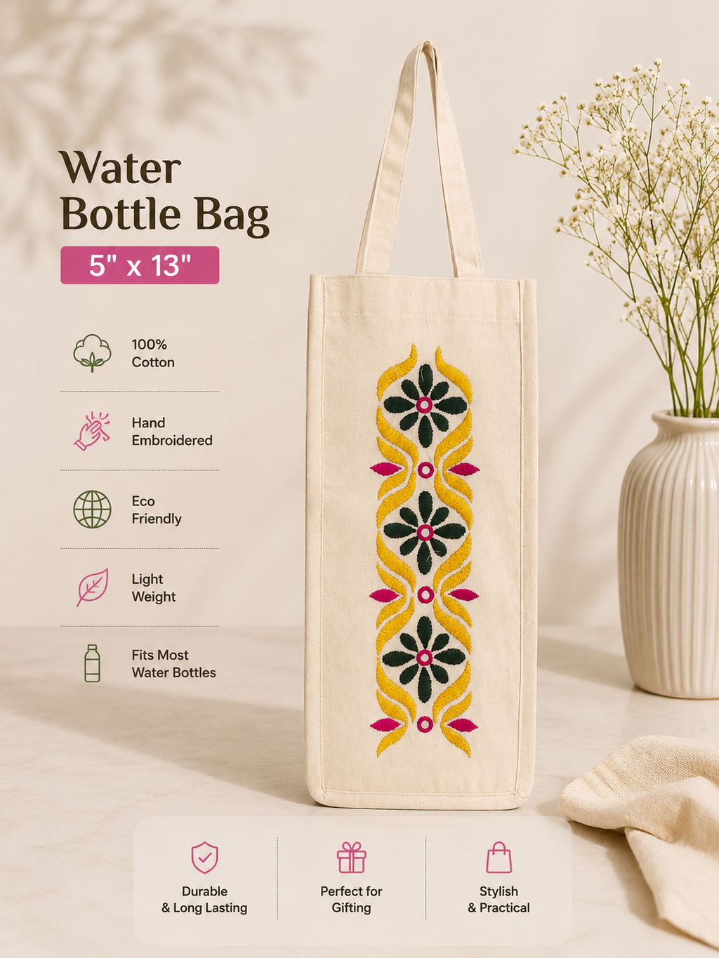 Cotton Travel Water Bottle Bag Women
