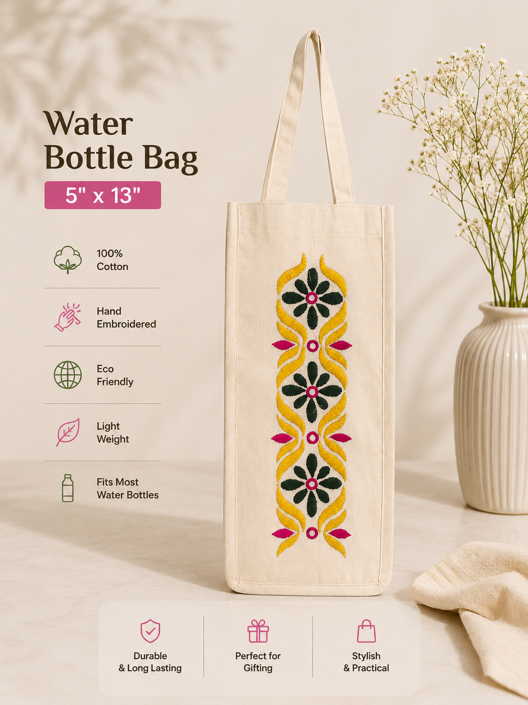Cotton Travel Water Bottle Bag Women