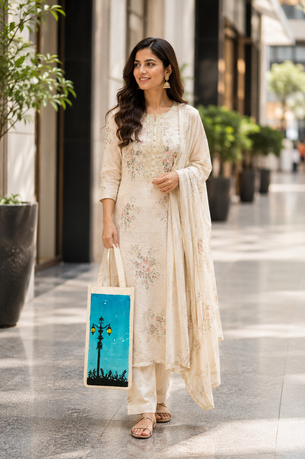 Painted Cotton Bottle Bag Working Women