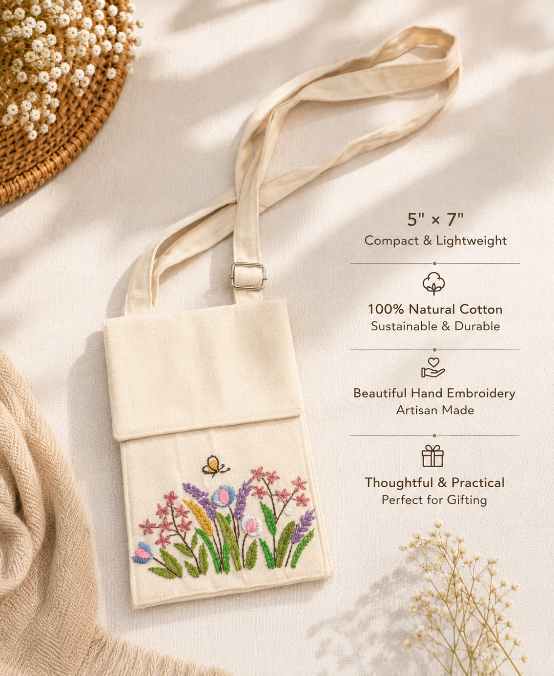 Floral Threadwork Phone Sling Pouch
