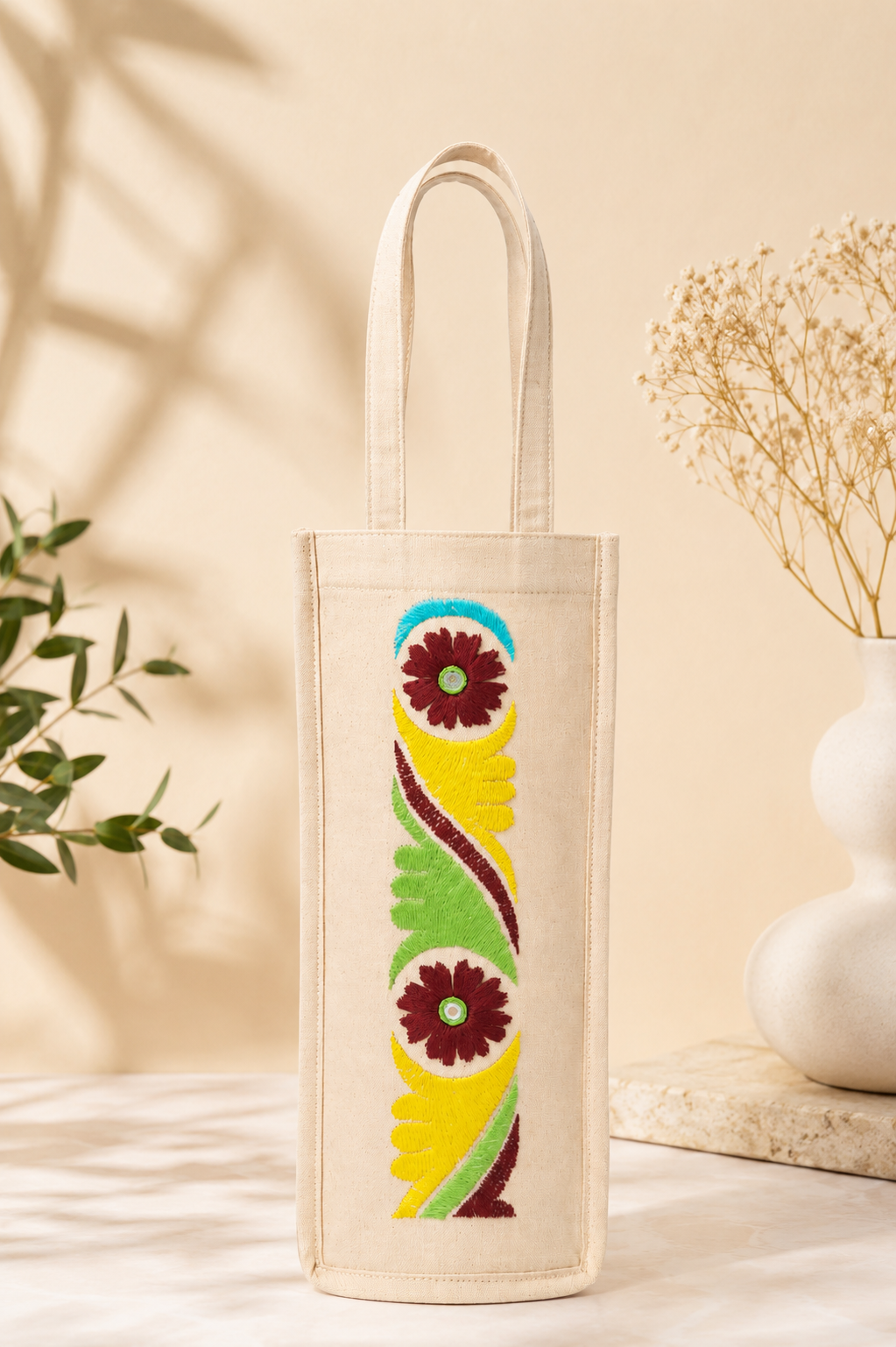 Handmade Embroidered Water Bottle Bag
